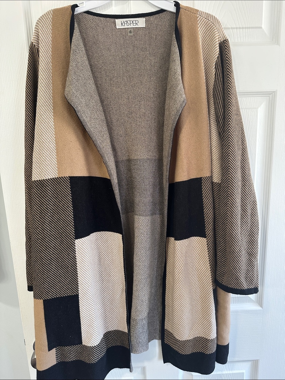 Kasper Cotton Colorblock Open-Front Duster Cardigan in Tan, Black, Crea